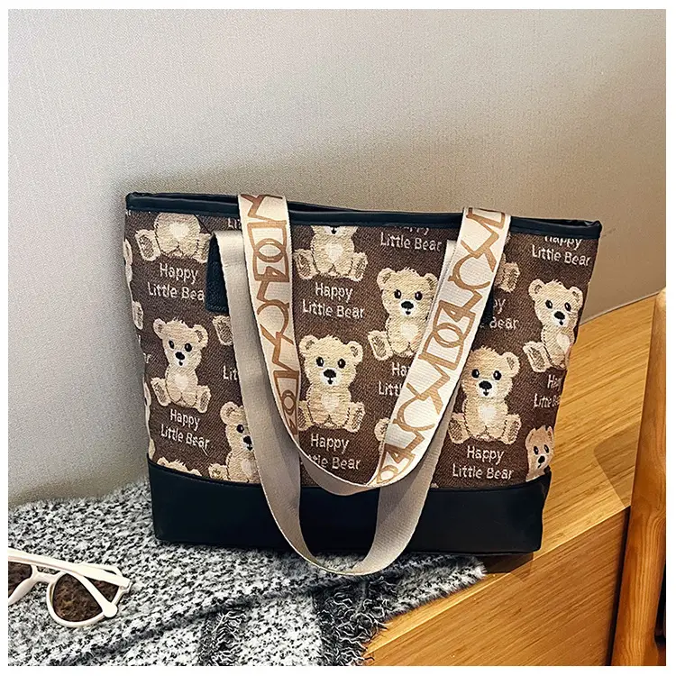Women Canvas Printed Bear Bag Large Capacity Brown — feature 37