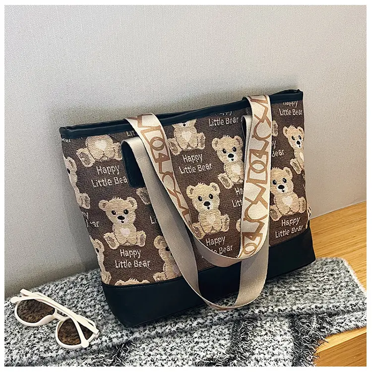 Women Canvas Printed Bear Bag Large Capacity Brown — feature 38