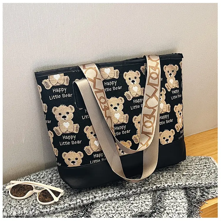 Women Canvas Printed Bear Bag Large Capacity Brown — feature 39