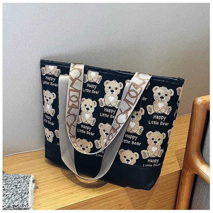 Women Canvas Printed Bear Bag Large Capacity Brown — feature 40
