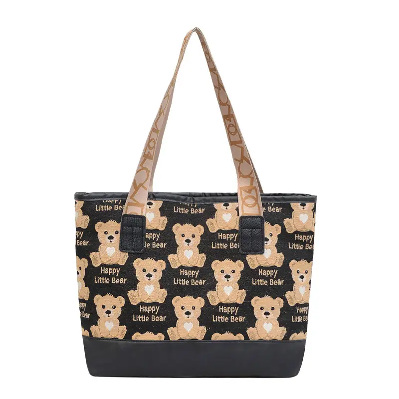 Women Canvas Printed Bear Bag Large Capacity Brown - Image 2