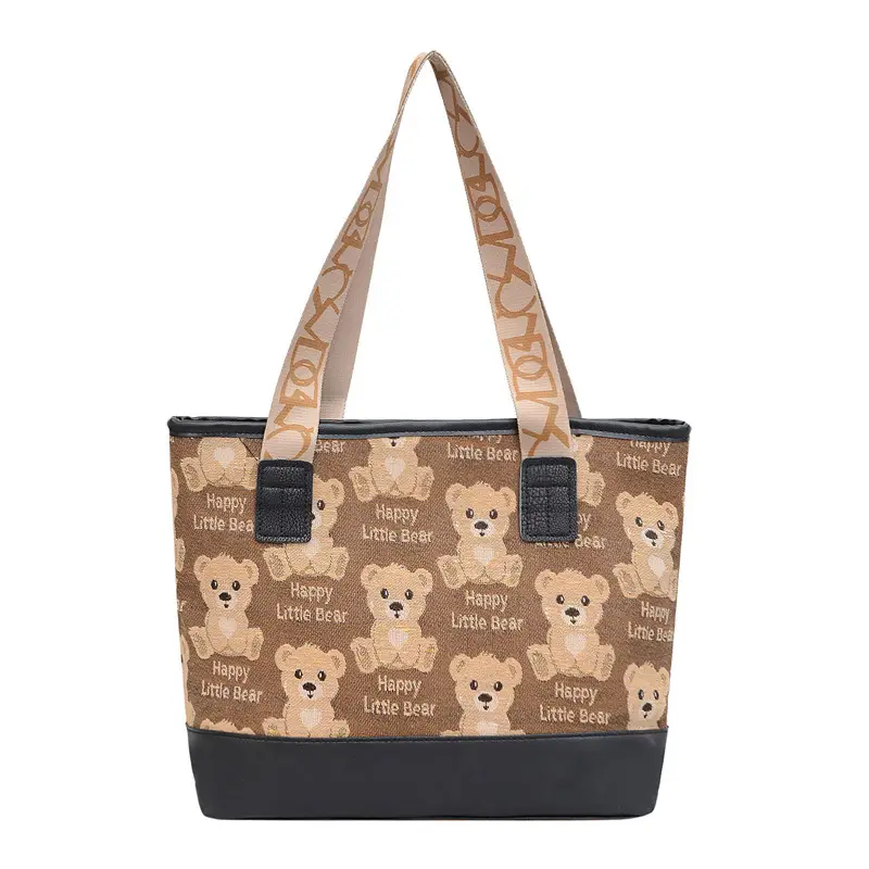 Women Canvas Printed Bear Bag Large Capacity Brown - Image 3