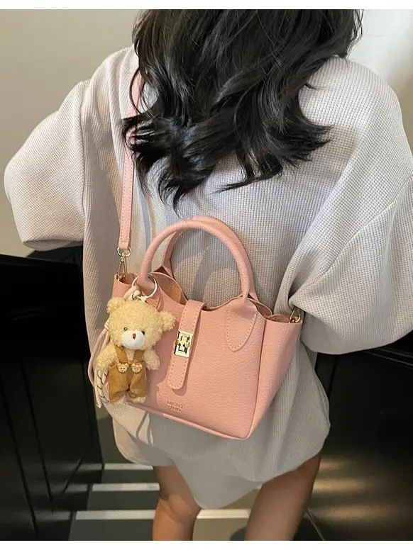 Pink Crossbody Bag with Cute Toy Charm - Image 11
