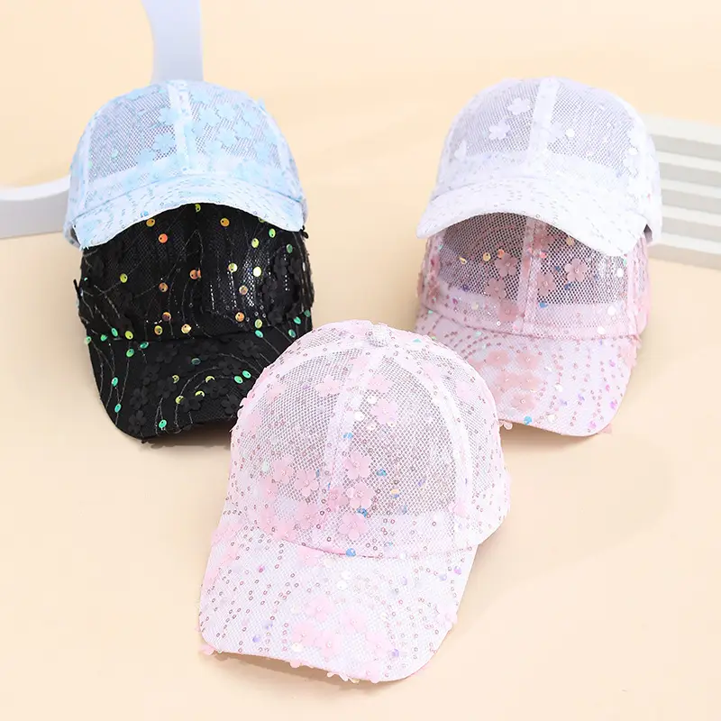 Light Blue Sequin Mesh Baseball Cap for Women - Image 6