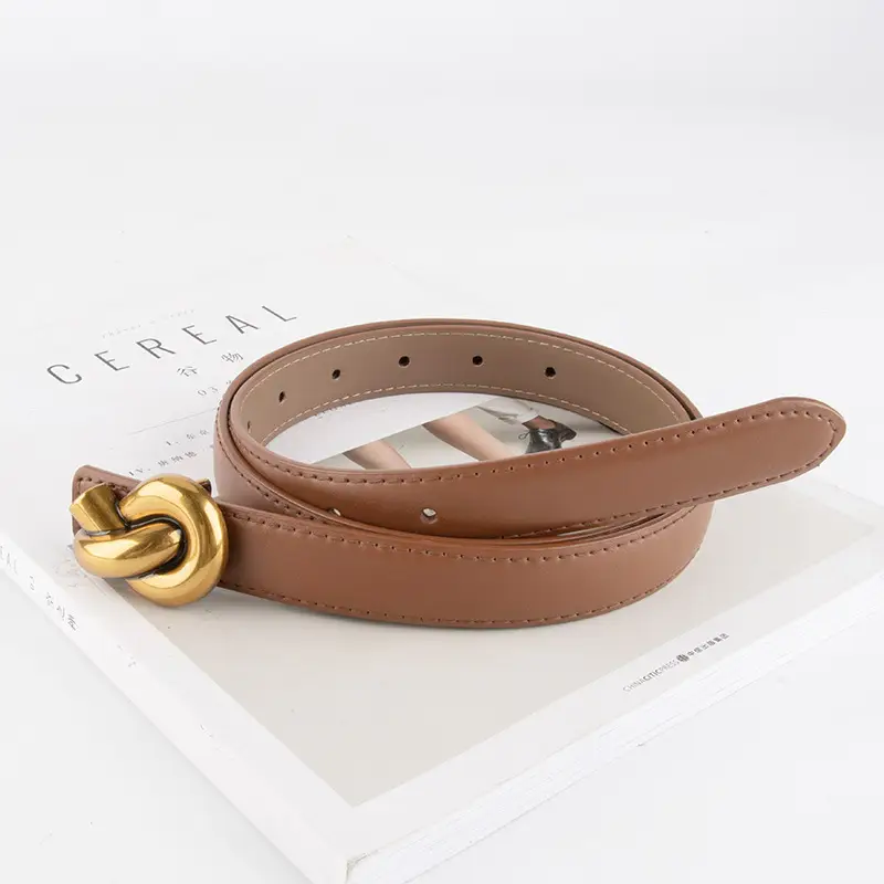 Coffee Color Genuine Leather Twist Buckle Belt for Women - Image 26