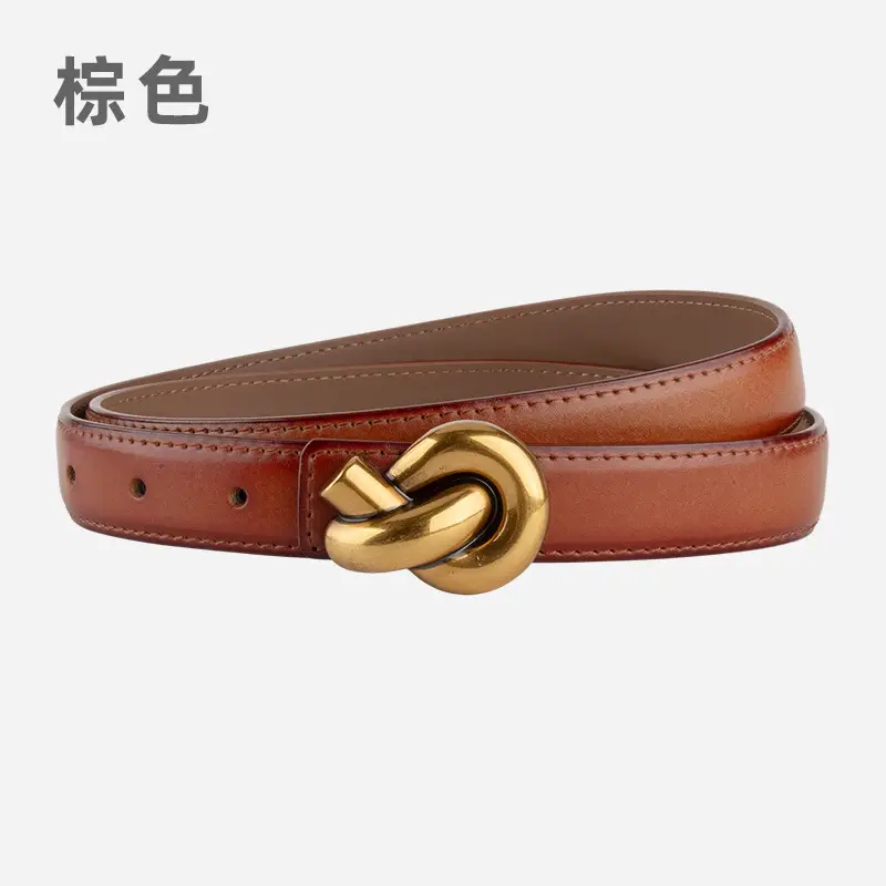 Coffee Color Genuine Leather Twist Buckle Belt for Women - Image 23