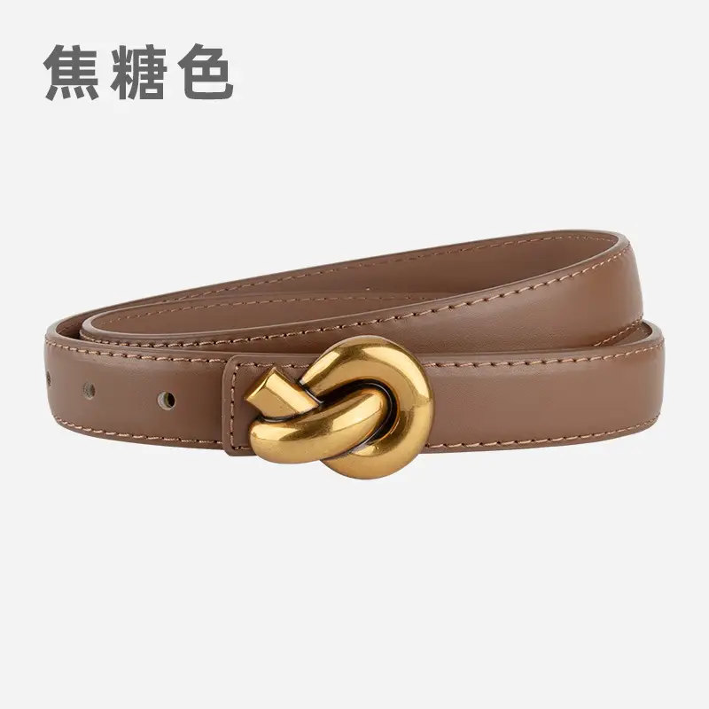 Coffee Color Genuine Leather Twist Buckle Belt for Women - Image 6
