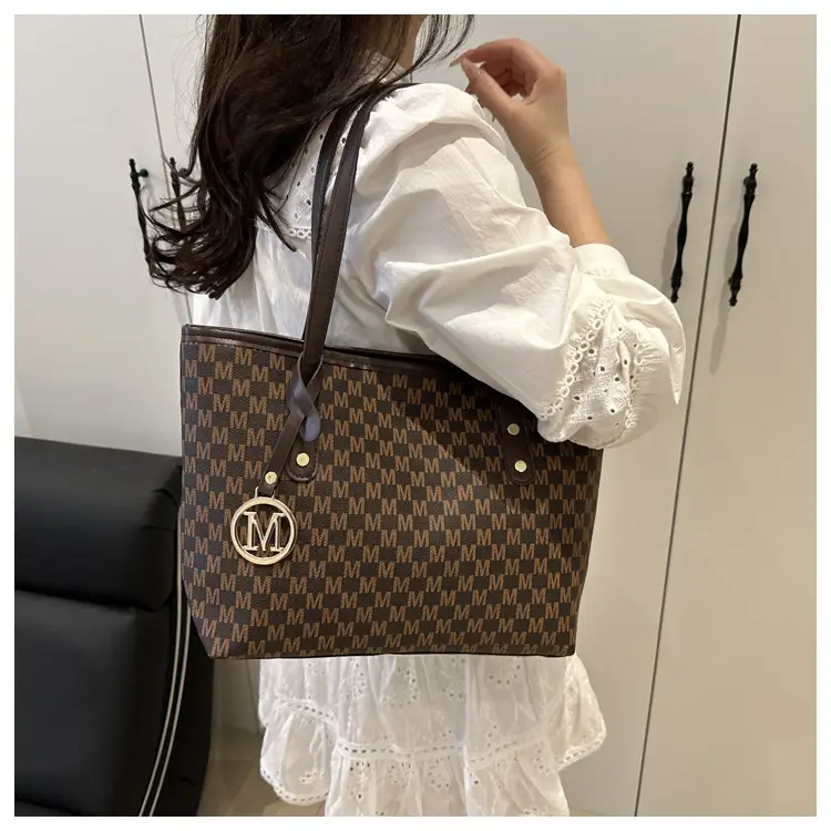 Women's Black Checkered H-Style Shoulder Bag with Gold Logo — feature 14