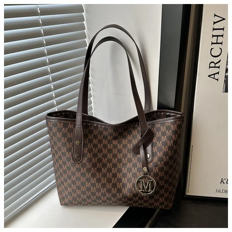 Women's Black Checkered H-Style Shoulder Bag with Gold Logo — feature 24
