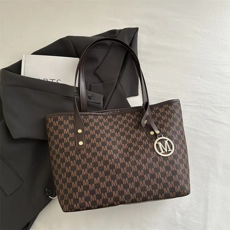 Women's Black Checkered H-Style Shoulder Bag with Gold Logo - Image 3