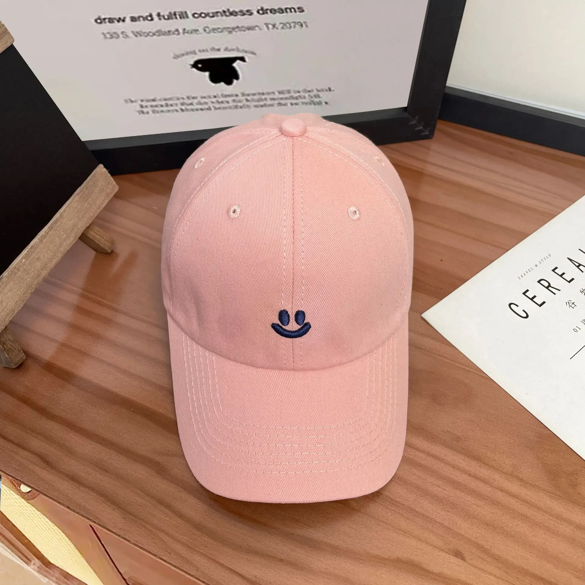 Women Maroon Smiling Face Embroidered Cap - Image 5