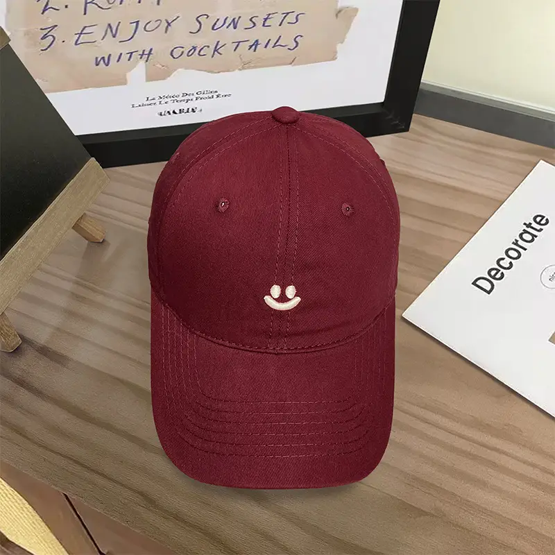 Women Maroon Smiling Face Embroidered Cap - Image 7