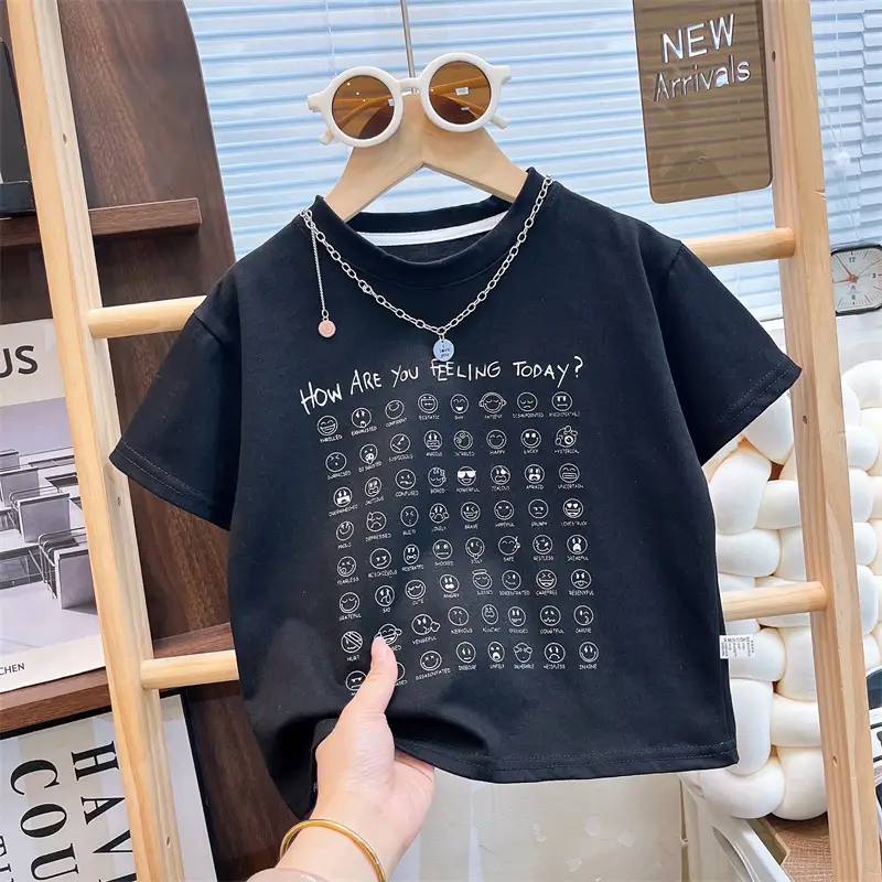 Kids Black Graphic T-Shirt Short Sleeve Cotton Summer Wear