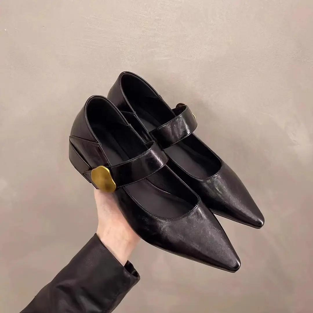 2026 Autumn New Pointed Toe Stylish Versatile Mary Jane Leather Shoes with Chunky Heel and Velcro Strap Fashionable Women's Flats - Image 6