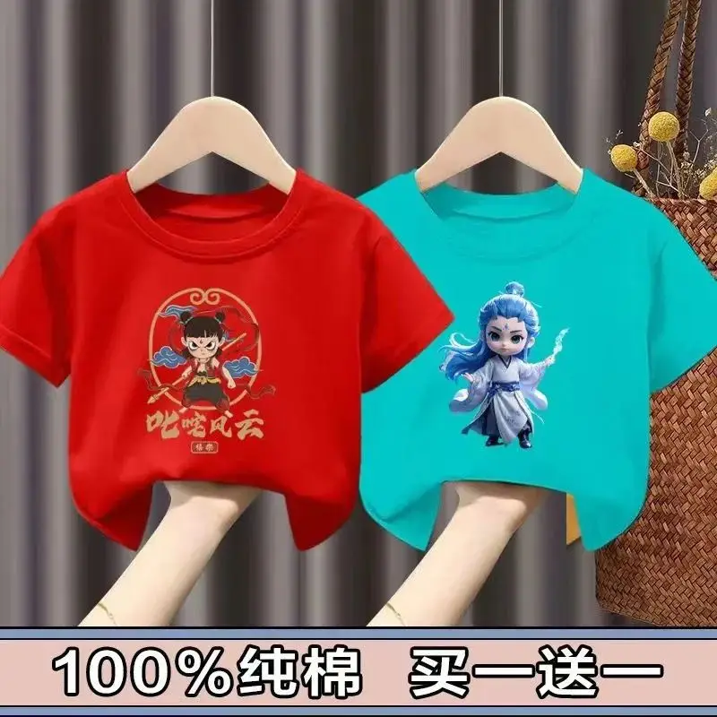 Pure Cotton Nezha Boys Girls Short Sleeve T-Shirt - Image 17