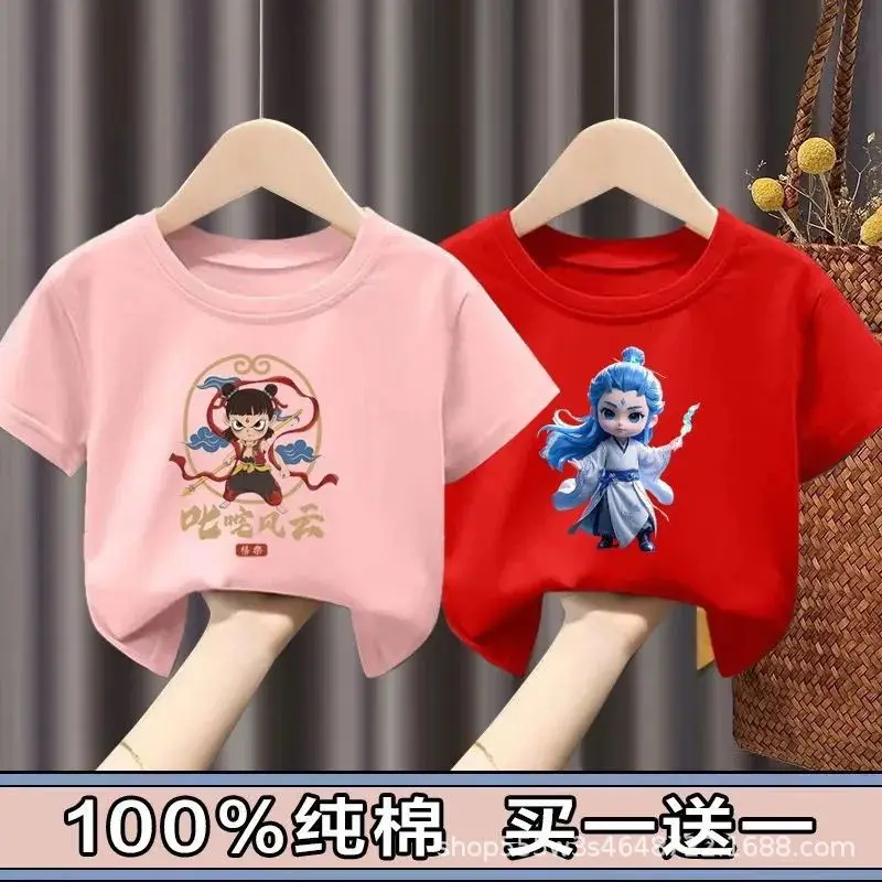 Pure Cotton Nezha Boys Girls Short Sleeve T-Shirt - Image 2