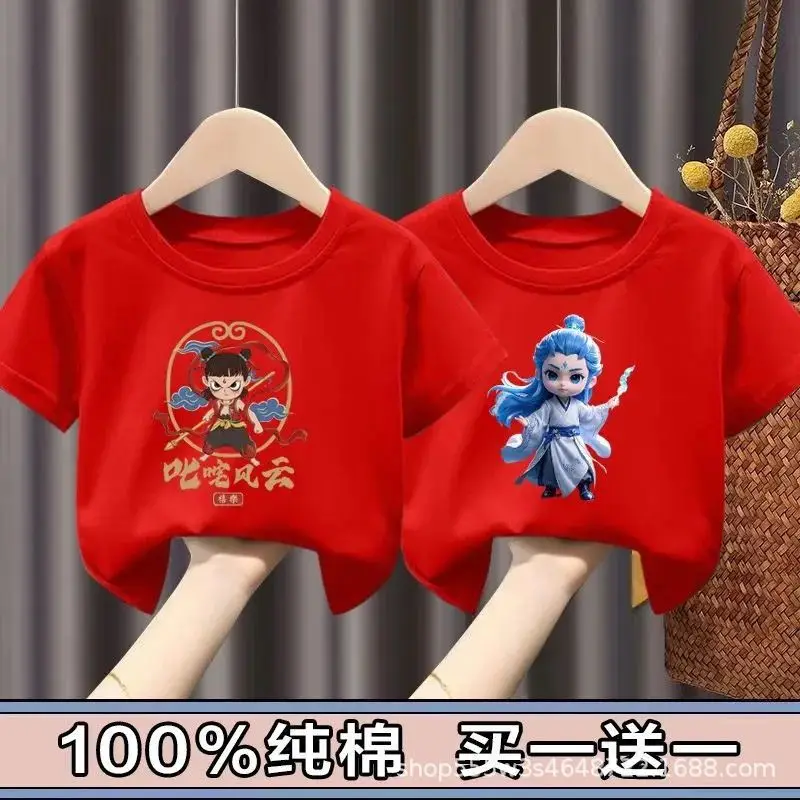 Pure Cotton Nezha Boys Girls Short Sleeve T-Shirt - Image 21