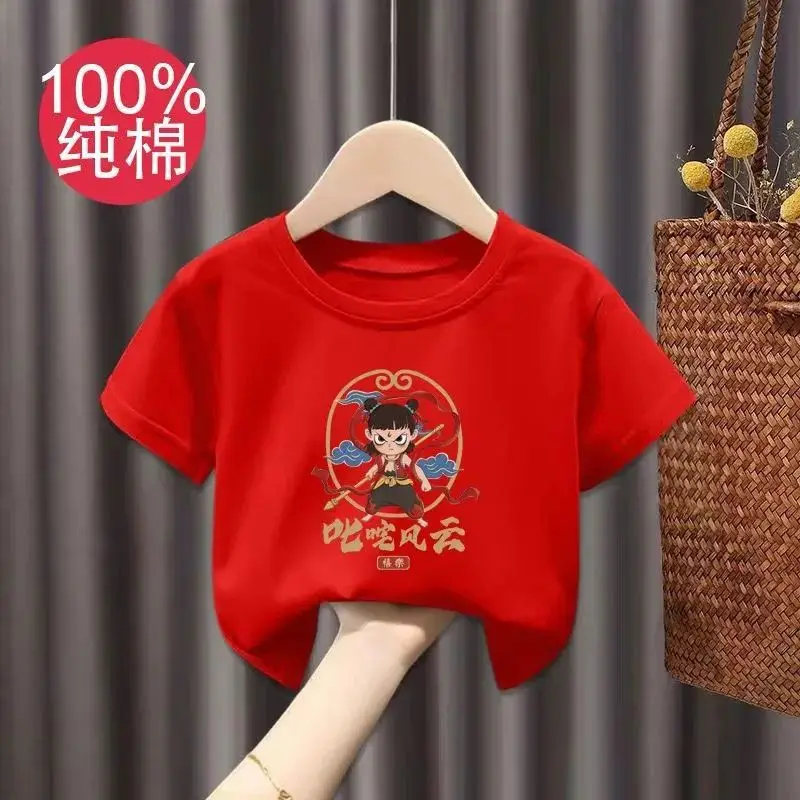 Pure Cotton Nezha Boys Girls Short Sleeve T-Shirt - Image 25