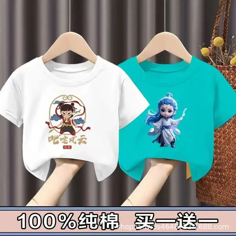 Pure Cotton Nezha Boys Girls Short Sleeve T-Shirt - Image 4