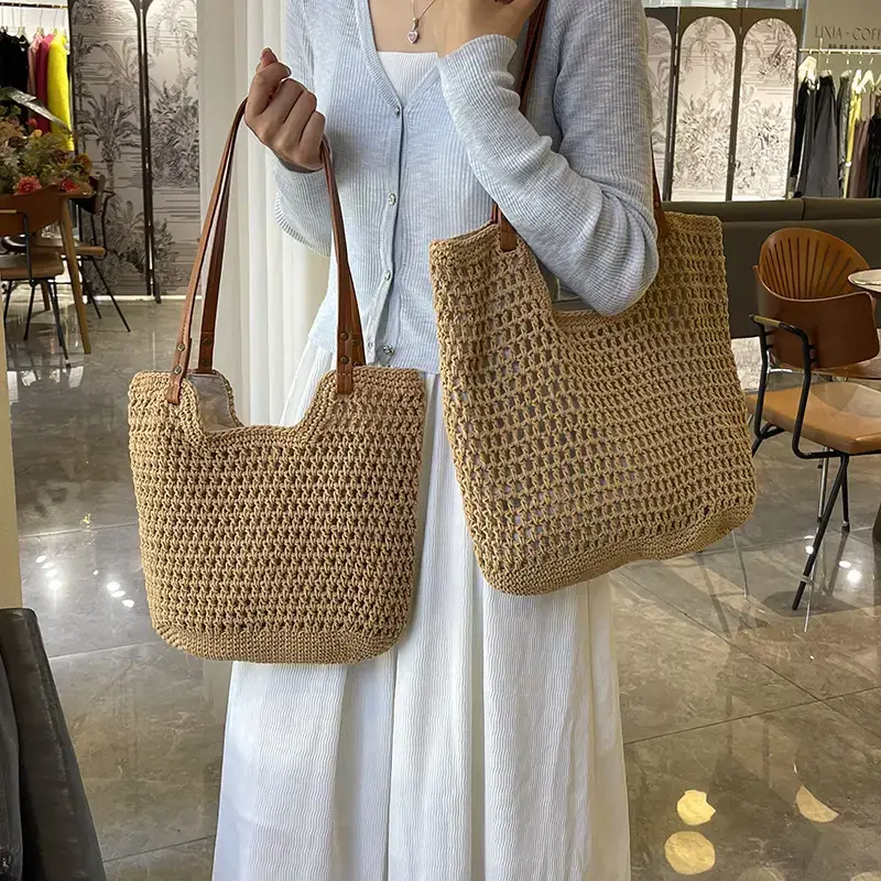 Women's Woven Straw Shoulder Bag with Leather Strap - Image 7