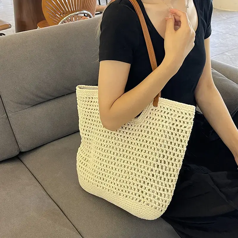 Women's Woven Straw Shoulder Bag with Leather Strap - Image 8