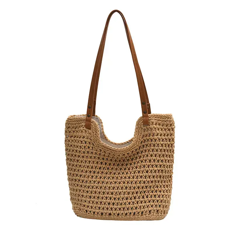 Women's Woven Straw Shoulder Bag with Leather Strap - Image 2