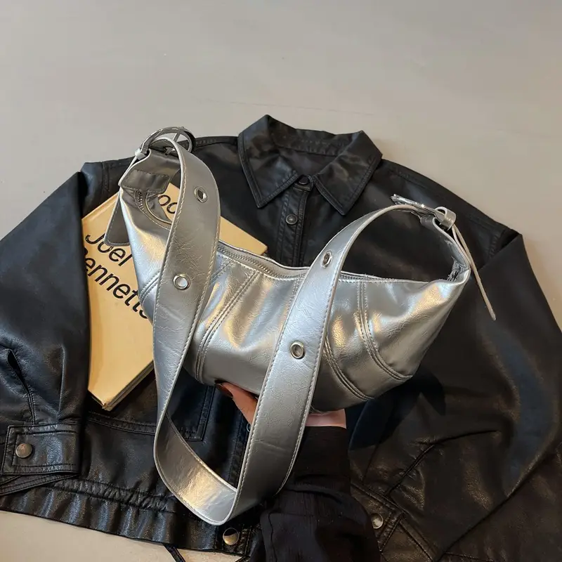 Women's Silver Crossbody Bag with Leather Jacket