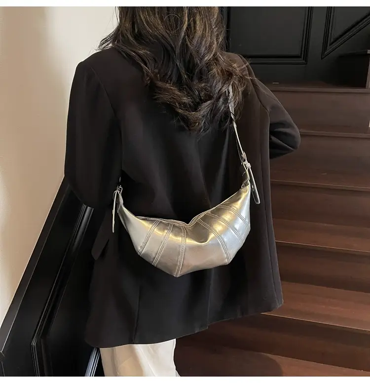 Women's Silver Crossbody Bag with Leather Jacket — feature 15