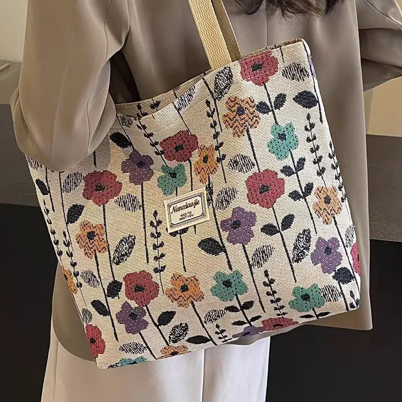 Canvas Floral Tote Bag Large Capacity Women
