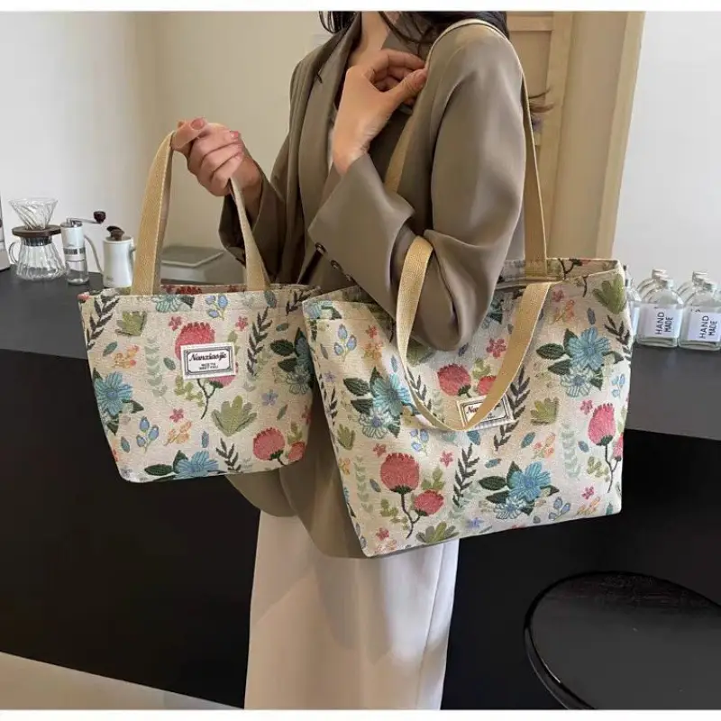Canvas Floral Tote Bag Large Capacity Women