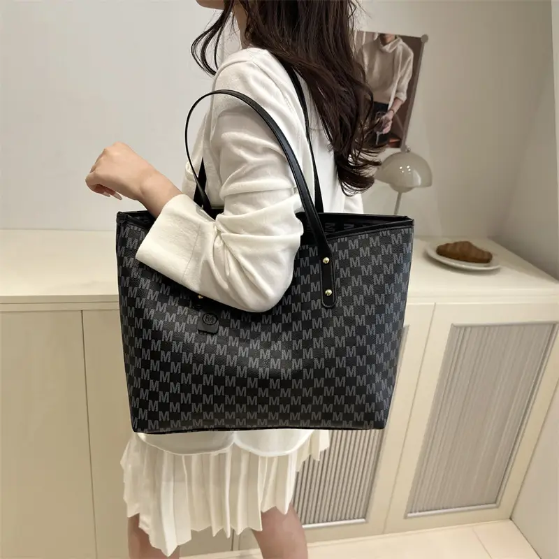 Women's Black Checkered Check Tote Bag Large Capacity