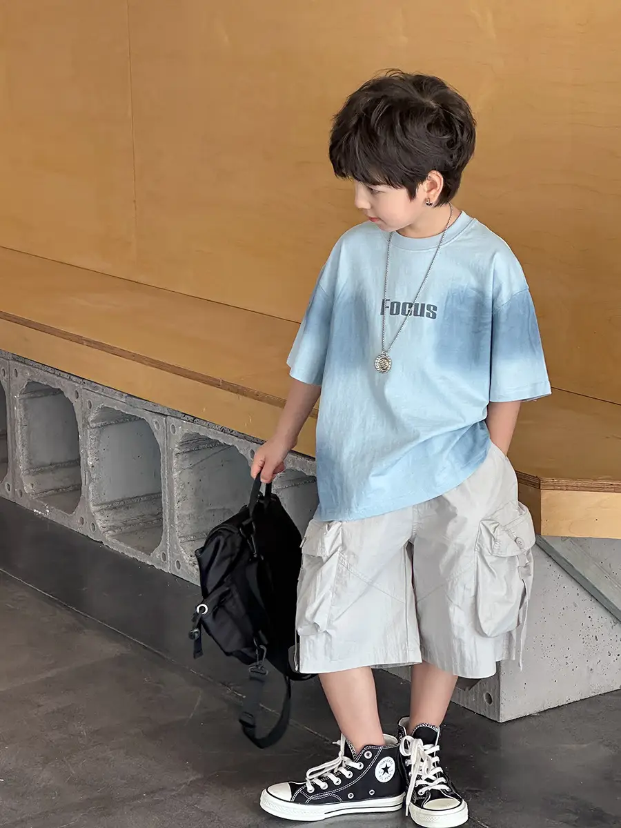 Aimo Beibei Boys Gradient Letter T-Shirt Light Blue All Cotton Loose Fit