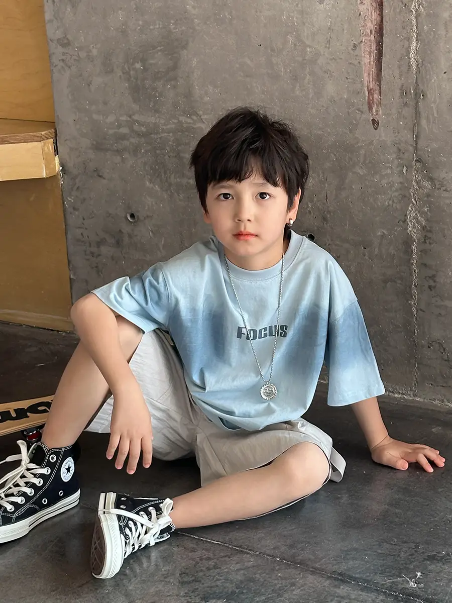 Aimo Beibei Boys Gradient Letter T-Shirt Light Blue All Cotton Loose Fit