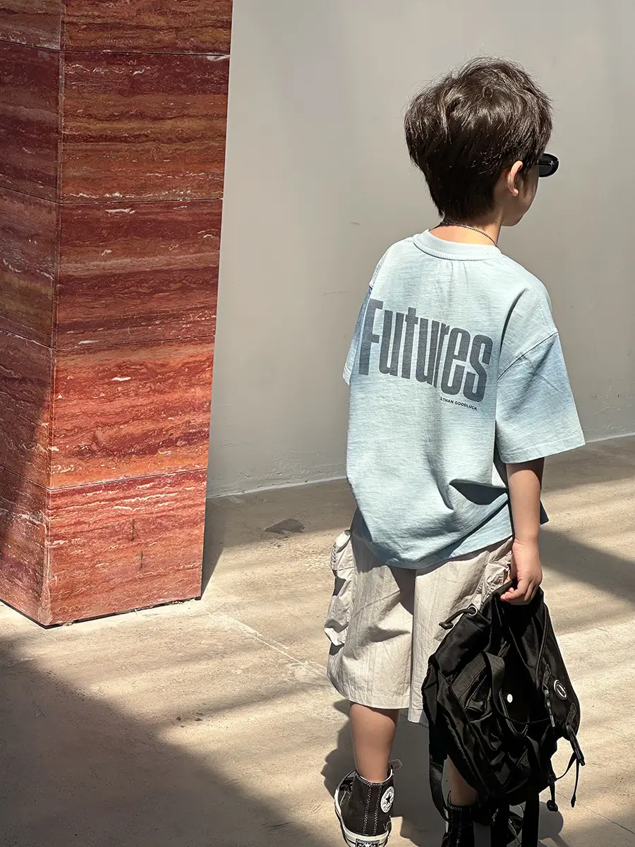 Aimo Beibei Boys Gradient Letter T-Shirt Light Blue All Cotton Loose Fit