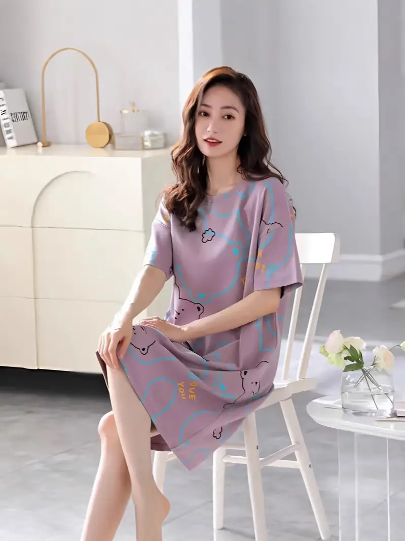 Women's Summer Cotton Nightgown Short Sleeve White Floral - Image 12