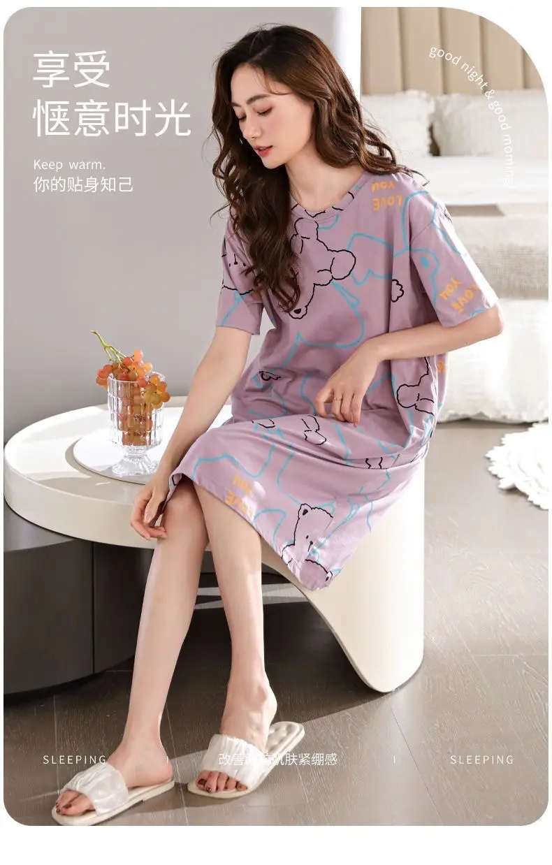 Women's Summer Cotton Nightgown Short Sleeve White Floral — feature 34