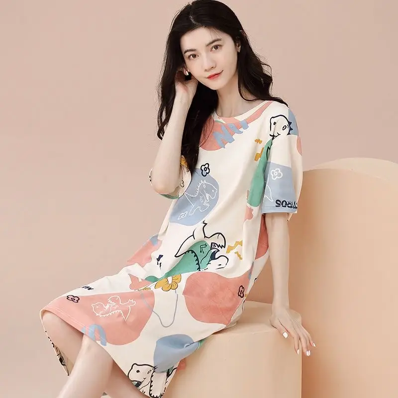 Women's Summer Cotton Nightgown Short Sleeve White Floral - Image 4