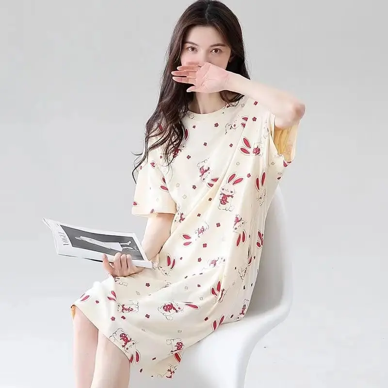 Women's Summer Cotton Nightgown Short Sleeve White Floral - Image 8