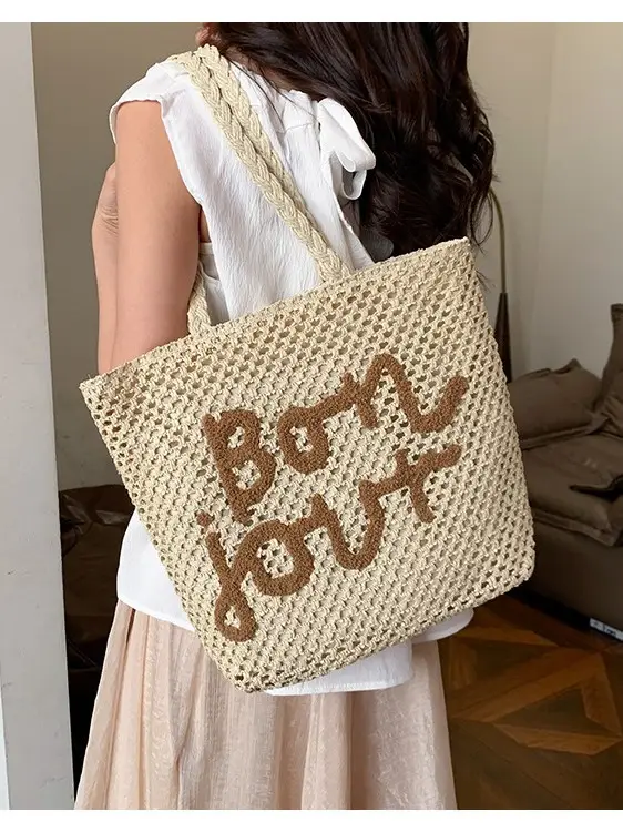 Women's Letter Knitted Crossbody Bag Brown - Image 7