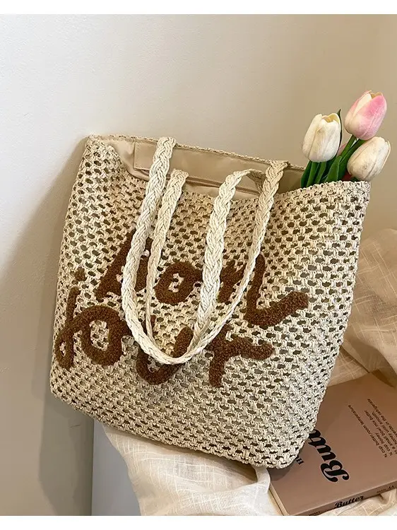 Women's Letter Knitted Crossbody Bag Brown - Image 8