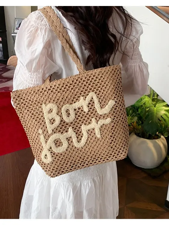 Women Cross Stitch Straw Shoulder Bag with "LOL" Design - Image 5