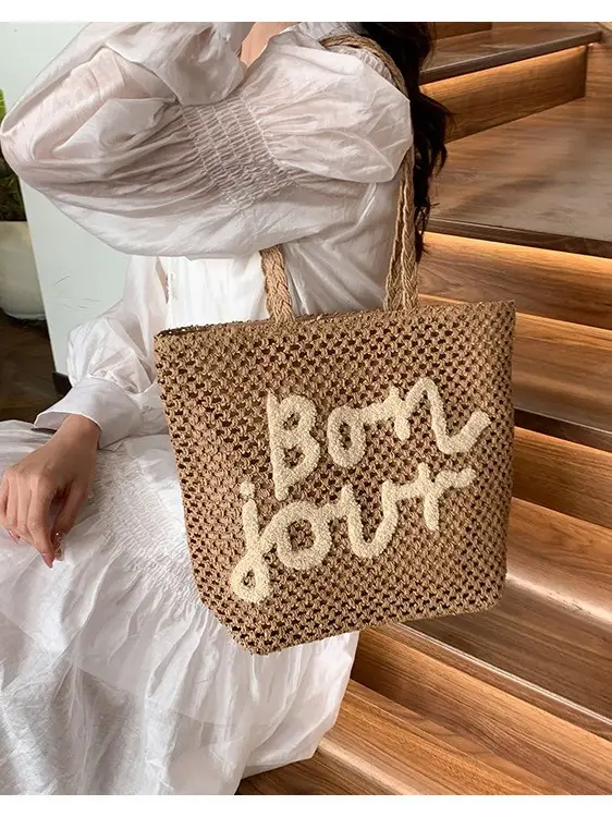 Women Cross Stitch Straw Shoulder Bag with "LOL" Design - Image 6