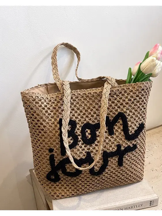 Women Cross Stitch Straw Shoulder Bag with "LOL" Design - Image 8