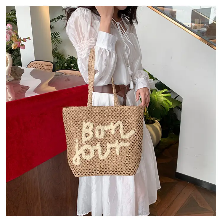Women Cross Stitch Straw Shoulder Bag with "LOL" Design — feature 16