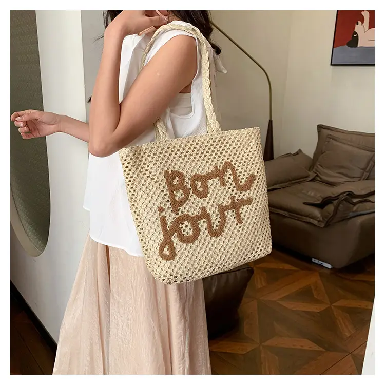 Women Cross Stitch Straw Shoulder Bag with "LOL" Design — feature 17