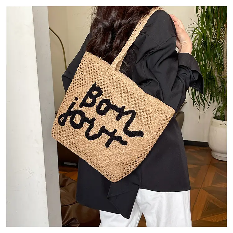 Women Cross Stitch Straw Shoulder Bag with "LOL" Design — feature 21