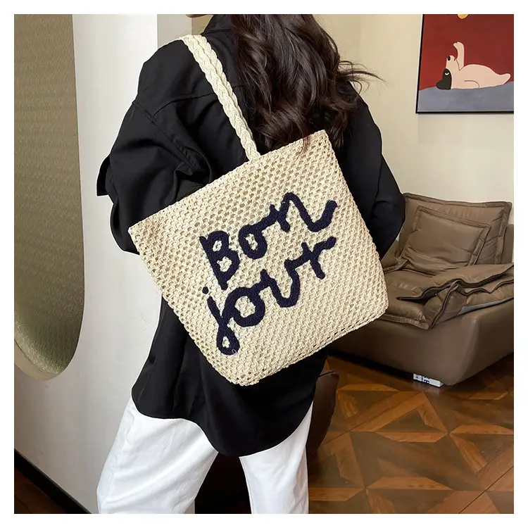 Women Cross Stitch Straw Shoulder Bag with "LOL" Design — feature 25