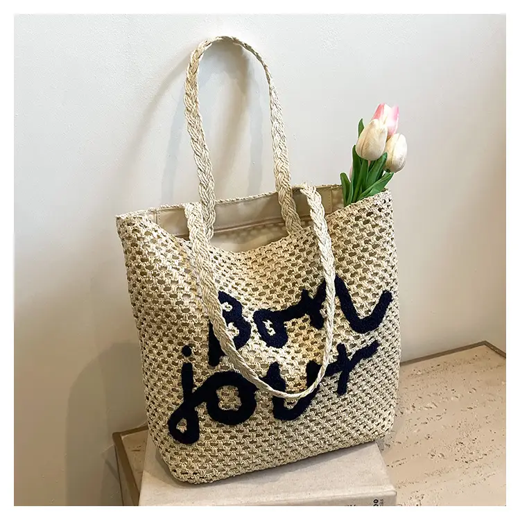 Women Cross Stitch Straw Shoulder Bag with "LOL" Design — feature 28