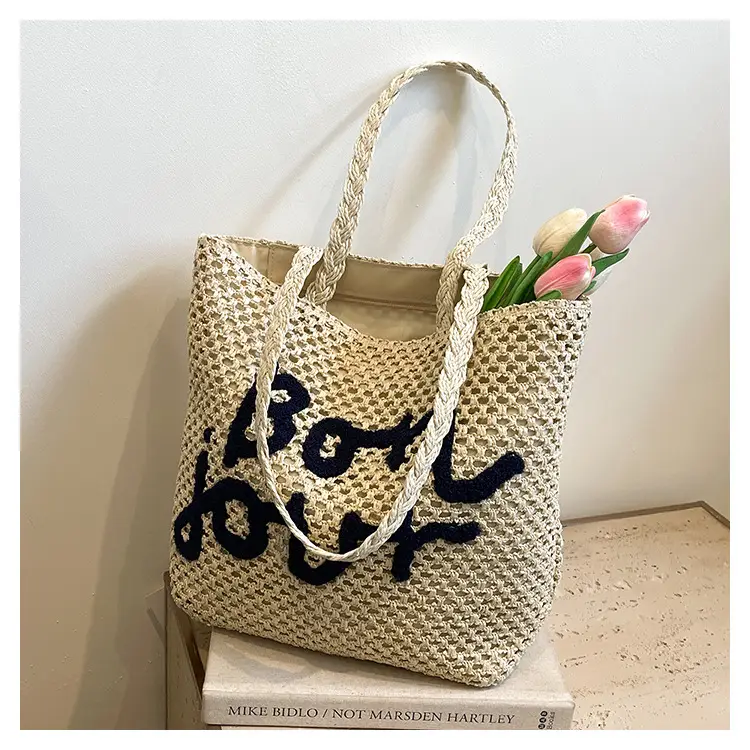 Women Cross Stitch Straw Shoulder Bag with "LOL" Design — feature 29