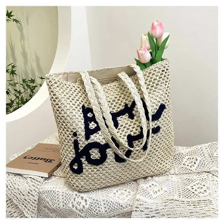 Women Cross Stitch Straw Shoulder Bag with "LOL" Design - Image 2
